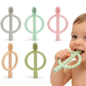 2-in-1 Silicone Ring Teether & Training Brush - Easy-Grip Sensory Toy for Infants