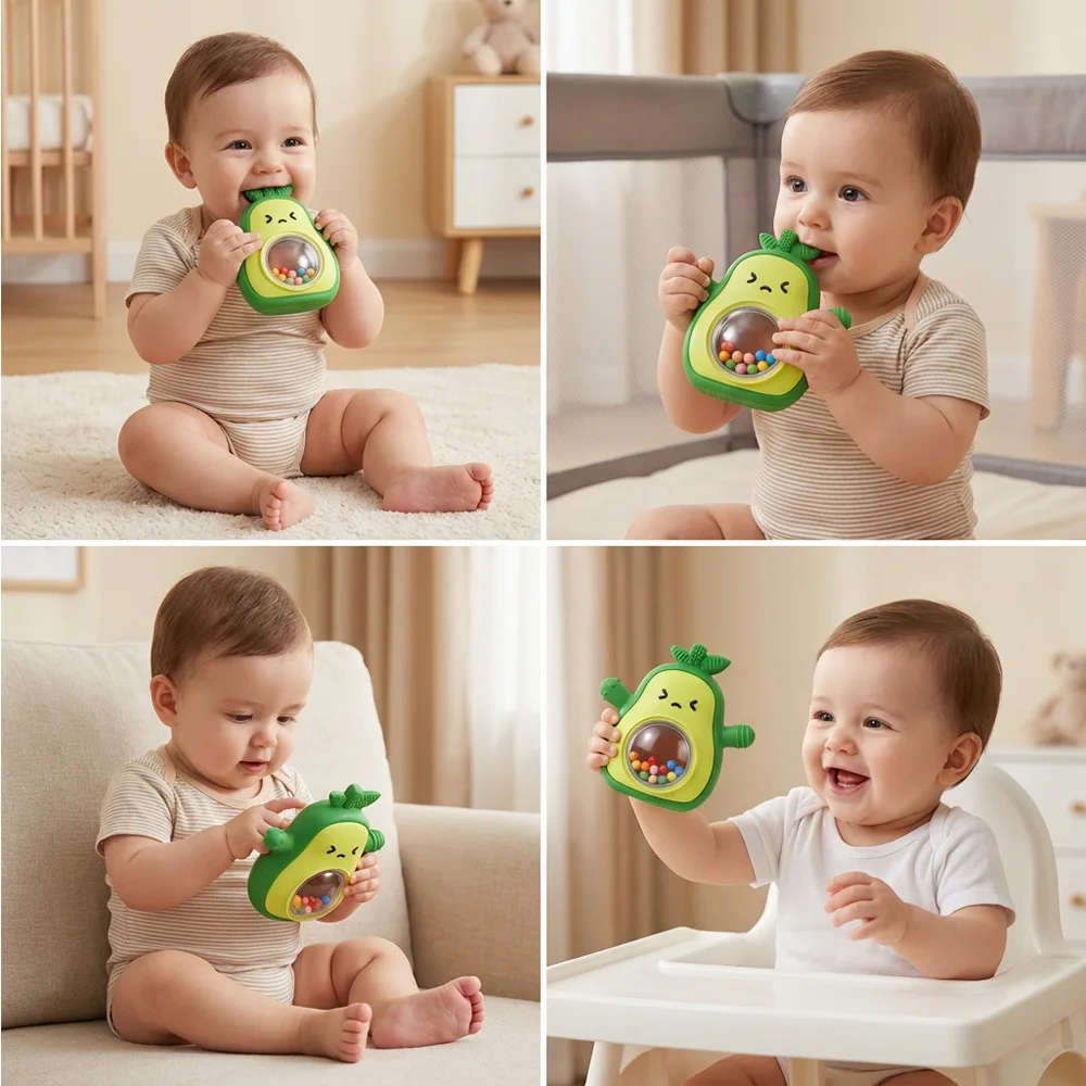 2-in-1 Avocado Silicone Rattle & Teether - Sensory Developmental Toy - Image 3