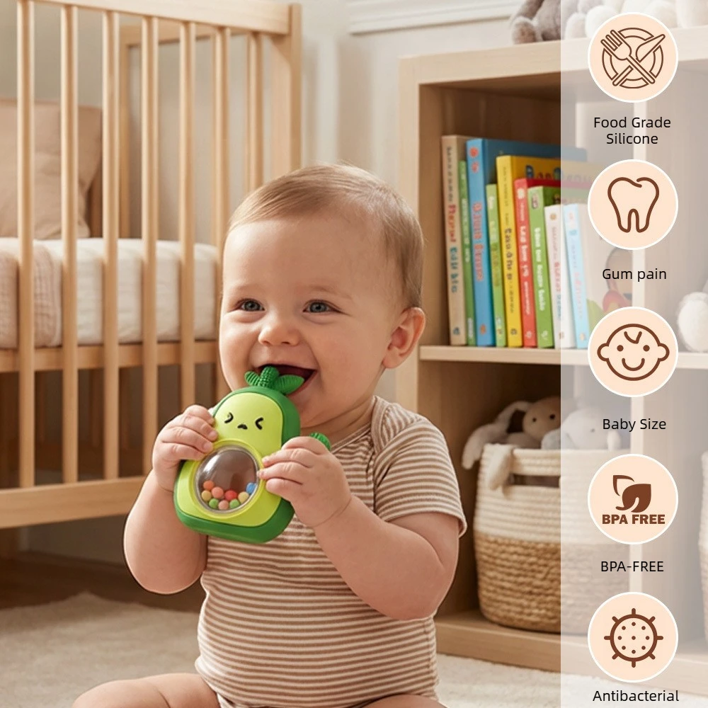 2-in-1 Avocado Silicone Rattle & Teether - Sensory Developmental Toy - Image 2